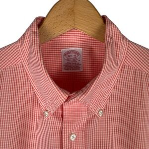 Brooks Brothers Mens Orange Gingham Short Sleeve Button Down Shirt 16.5-4 Cotton